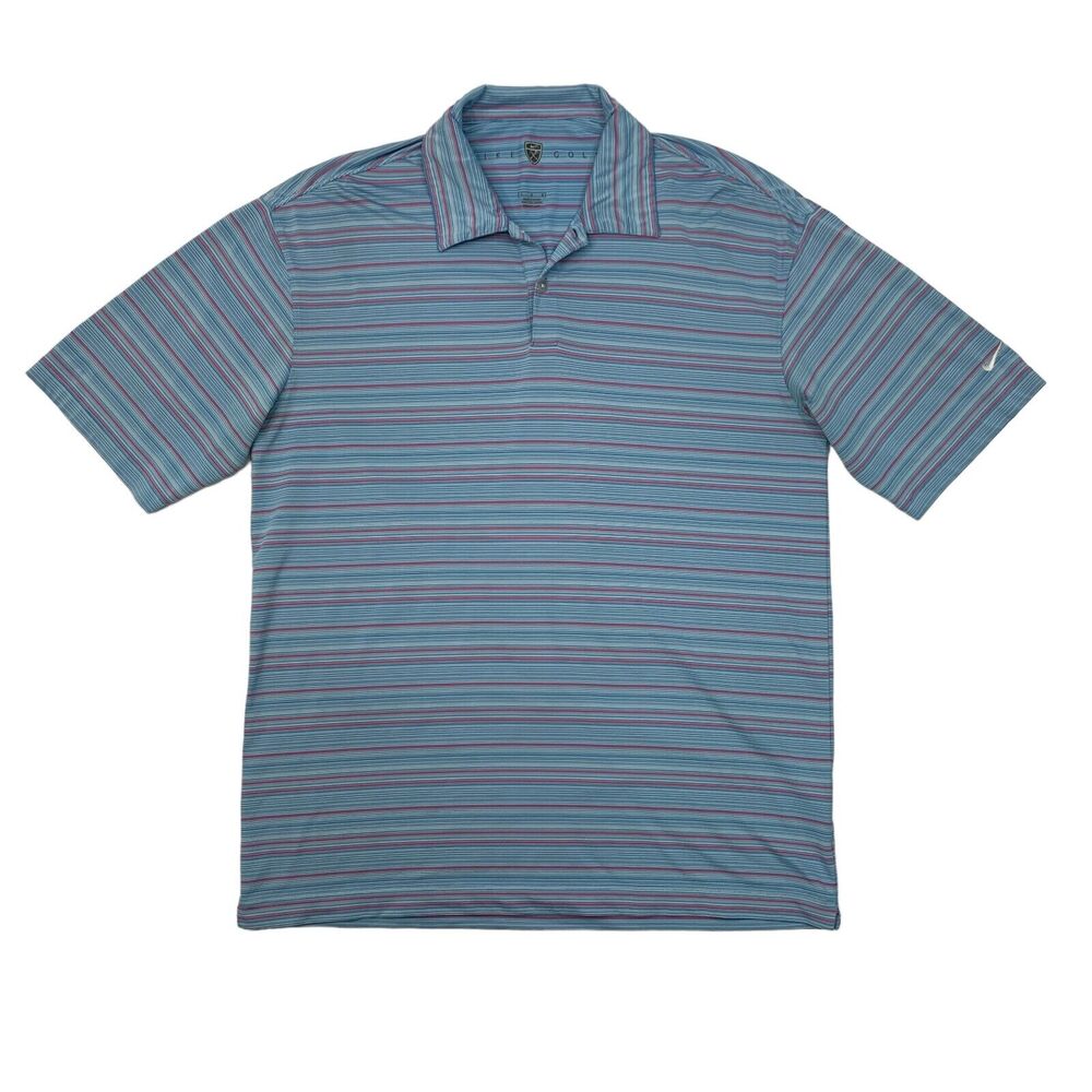 Nike Polo Shirt Mens L Large Blue Pink Golf Striped Stretch Performance Golf